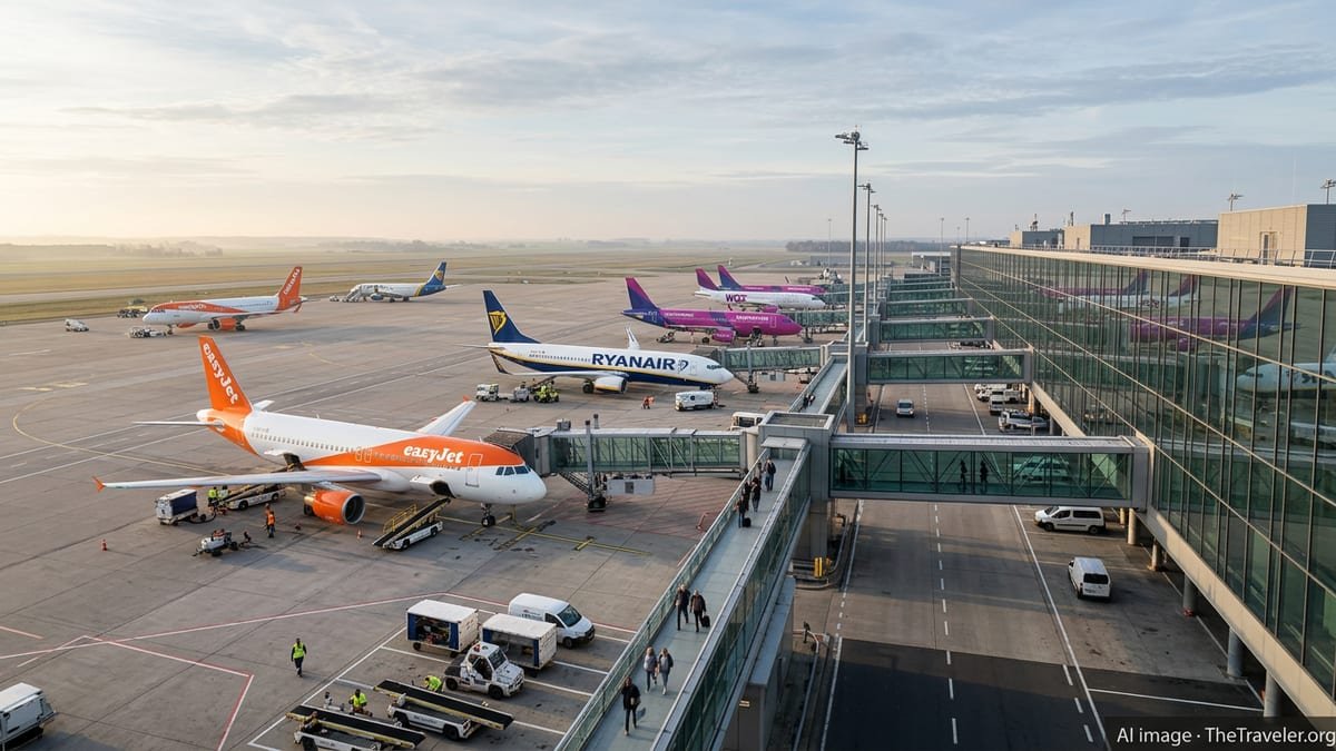 Apron view of several European budget airliners at sunrise at a busy airport.