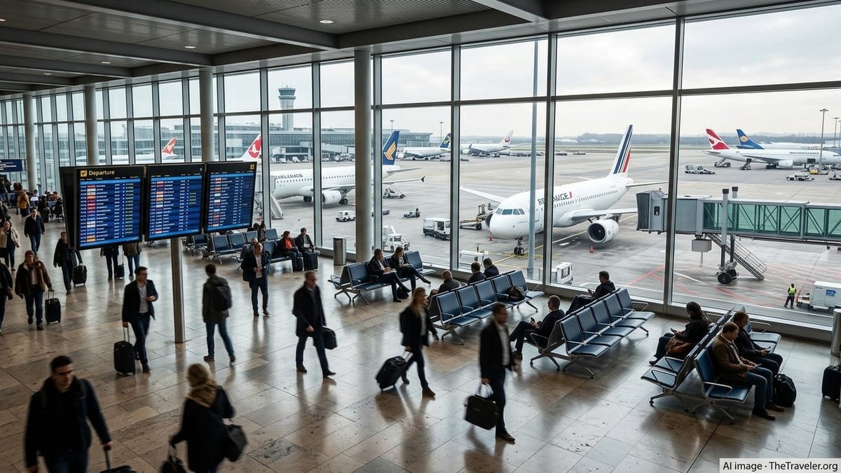 Travelers in a European airport terminal watch jets at the gates on a bright day.