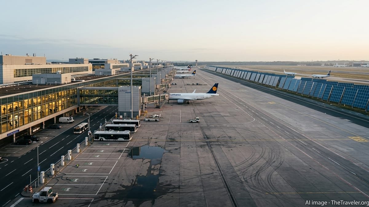 Electric ground vehicles charging beside aircraft on the apron at Frankfurt Airport.
