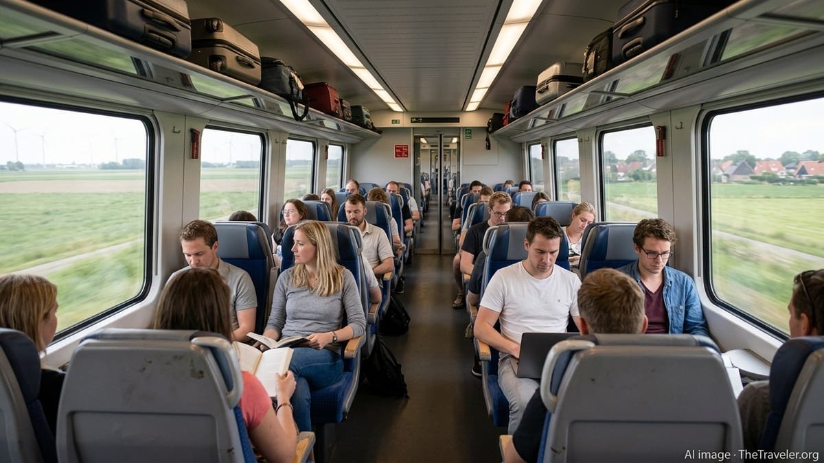 Low-cost GoVolta train at Amsterdam platform with passengers boarding for Berlin.