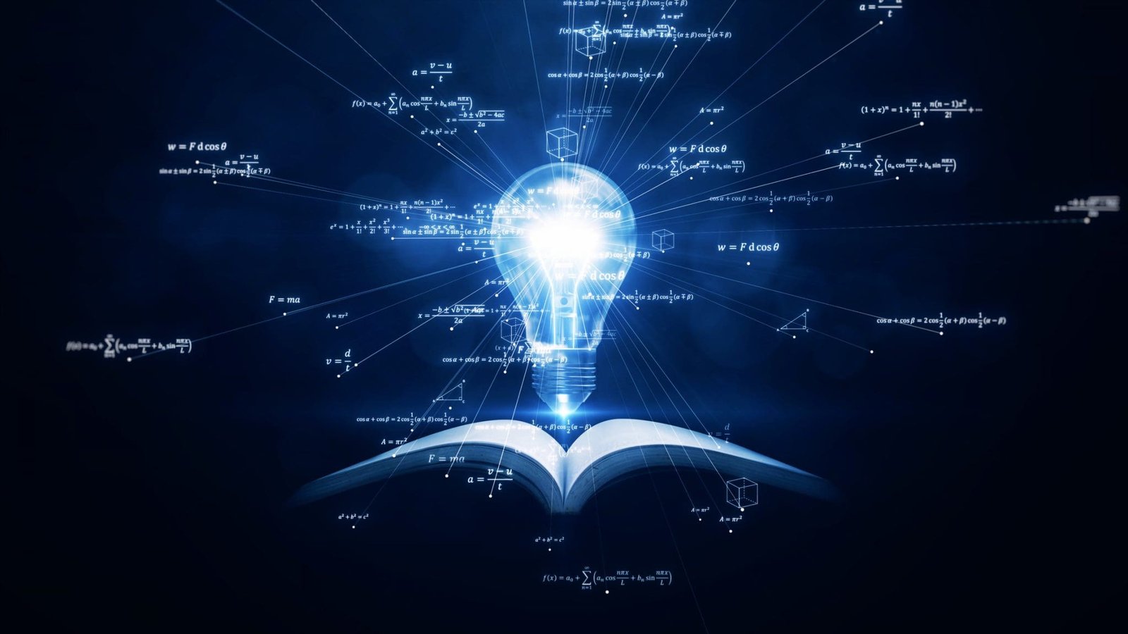 A glowing lightbulb emerges from an open book, symbolizing knowledge, intelligence, and innovation. Mathematical equations and digital graphics spread across a futuristic blue background.