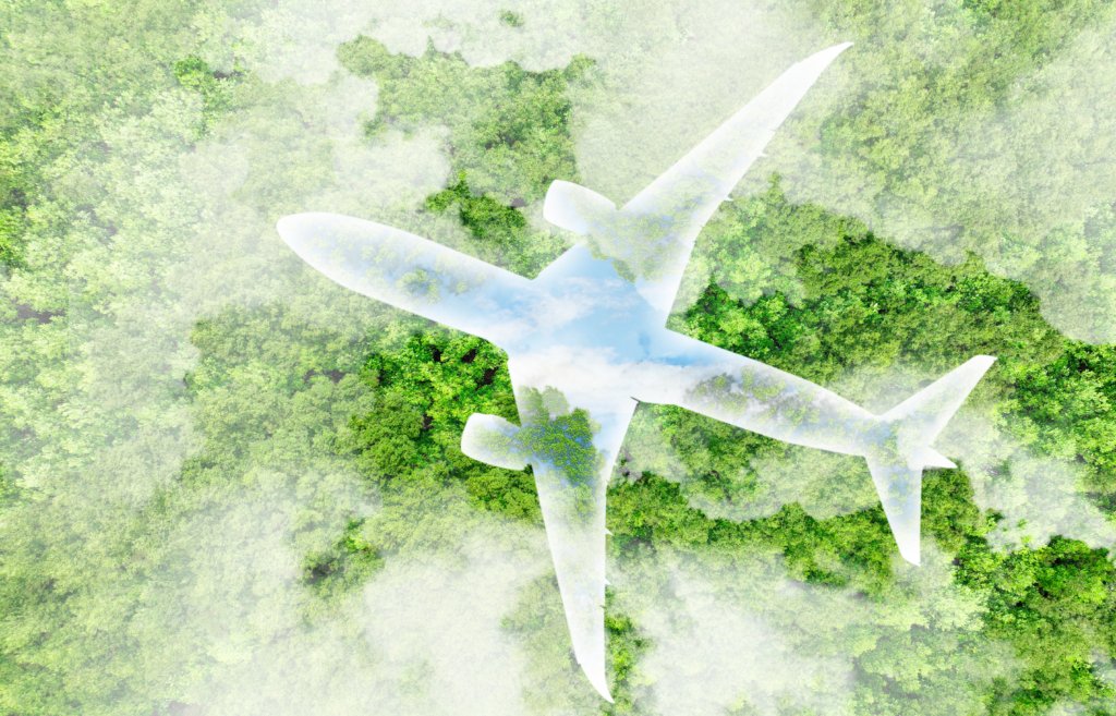 Sustainable aviation fuel. Eco friendly aircraft using biofuel in modern air travel, green airline innovation reducing carbon emission. Net zero future. Clean energy technology in aviation industry.