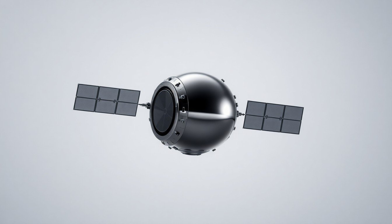 A high-end, photorealistic studio still-life photograph featuring a sleek, metallic satellite model or spacecraft component floating on a clean, monochromatic background, dramatically lit with sharp shadows to represent the advanced technology behind Starfish Space
