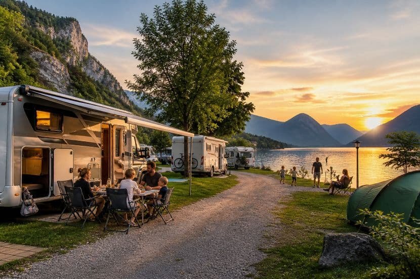 Beautiful lakeside camping with caravans and outdoor activities.