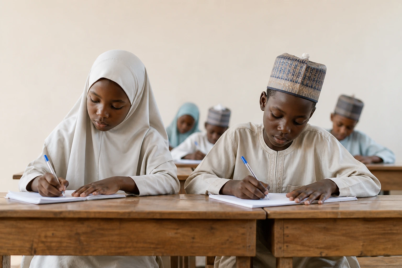 Two young students sit at wooden desks in a simple, softly lit classroom