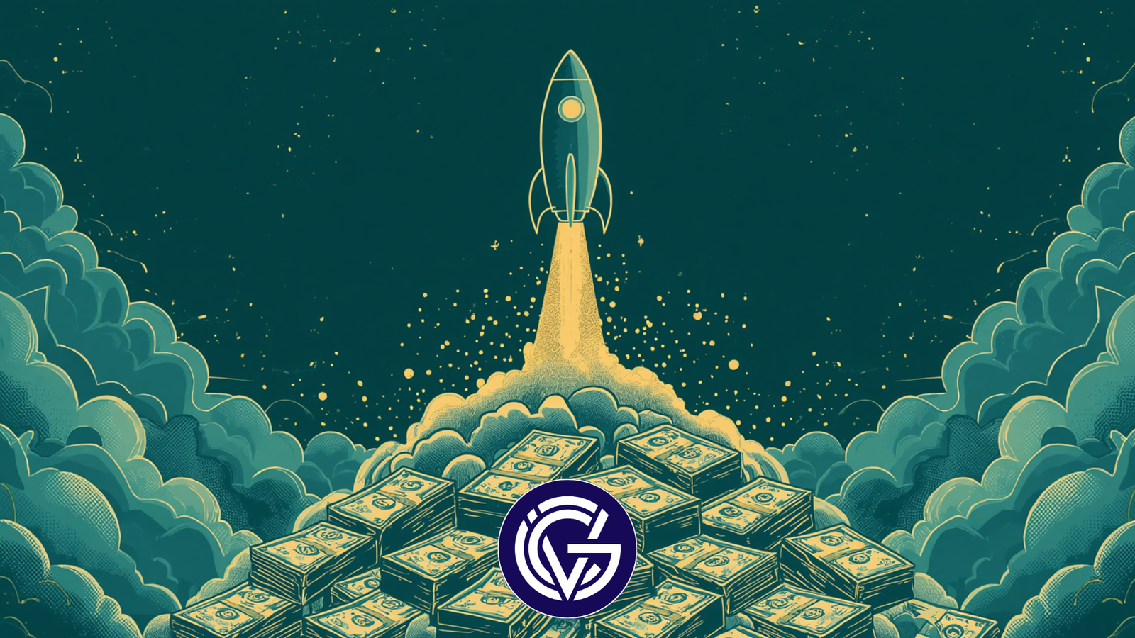 Rocket launching off a big pile of cash