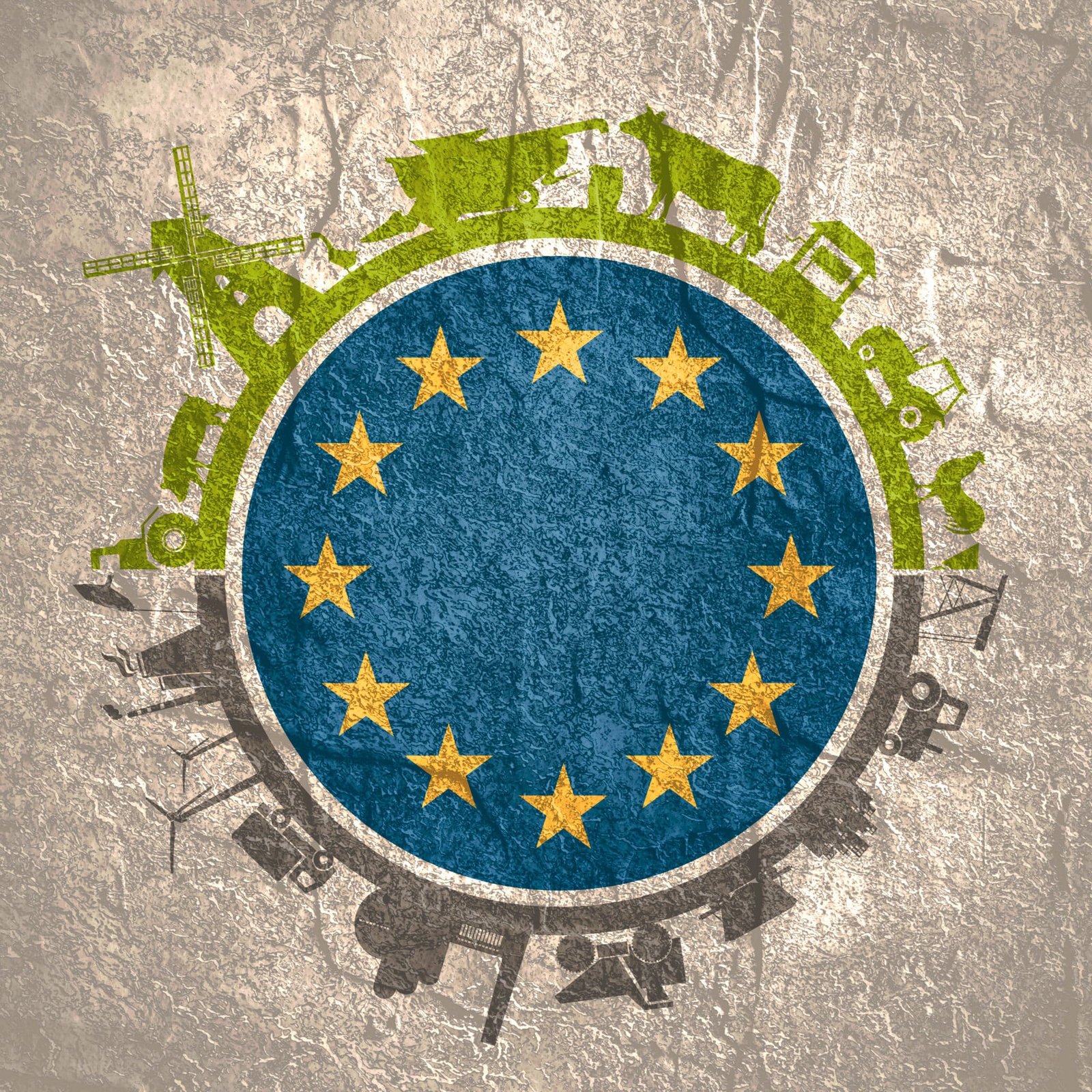 ircle with agricultural and heavy industry icons. Objects located around the circle. Flag of the European Union in the center. Background for eco products. Business responsibility.