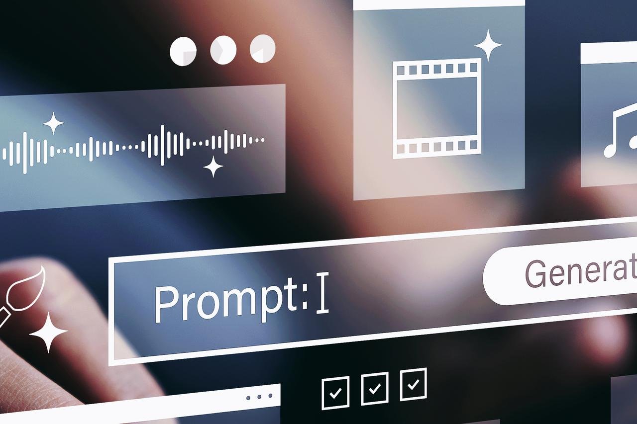 Woman using AI prompt-based multimedia content creation interface with audio waveform, video editor, image tools, and digital automation system on computer keyboard. (Photo via Adobe Stock)