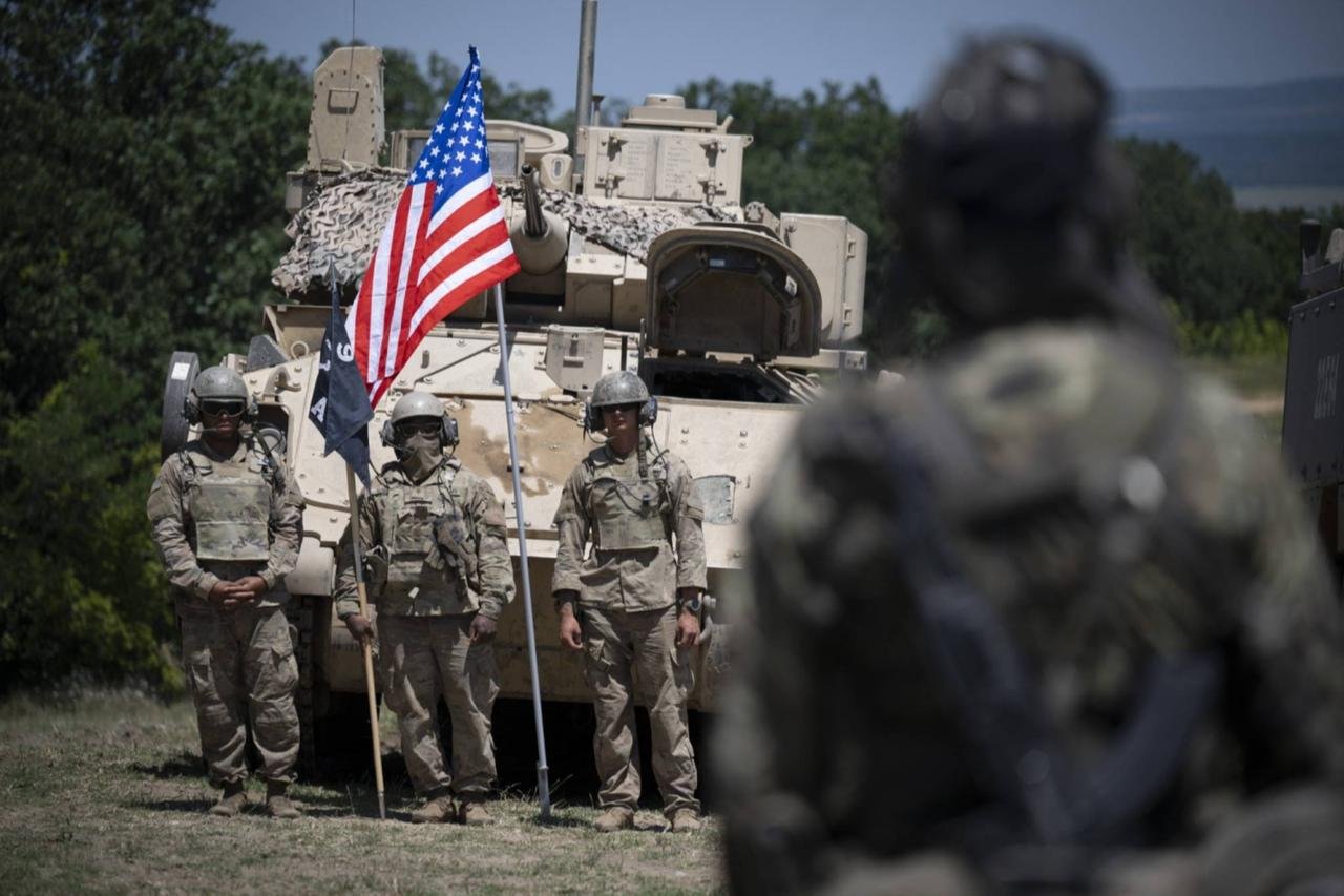 US military soldiers stand in formation after taking part in a NATO exercise, accessed on Sept. 18, 2026. (AFP Photo)