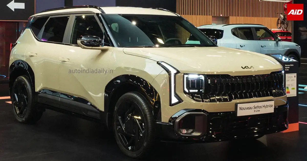 New Kia Seltos Hybrid showcased at Paris Motor Show 2026 in a light beige colour with X-Line styling and bold LED headlights