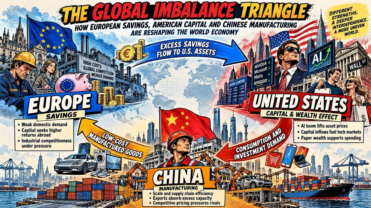 The Global Imbalance Triangle: How European Savings, American Capital and Chinese Manufacturing Are Reshaping the World Economy